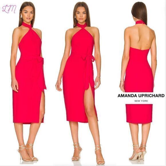 Amanda Uprichard Revolve Emilana Midi Dress Size Medium Side Slit Belted Fiesta